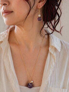 Amethyst Necklace Earrings Set Freshwater Pearl S925 Hooks